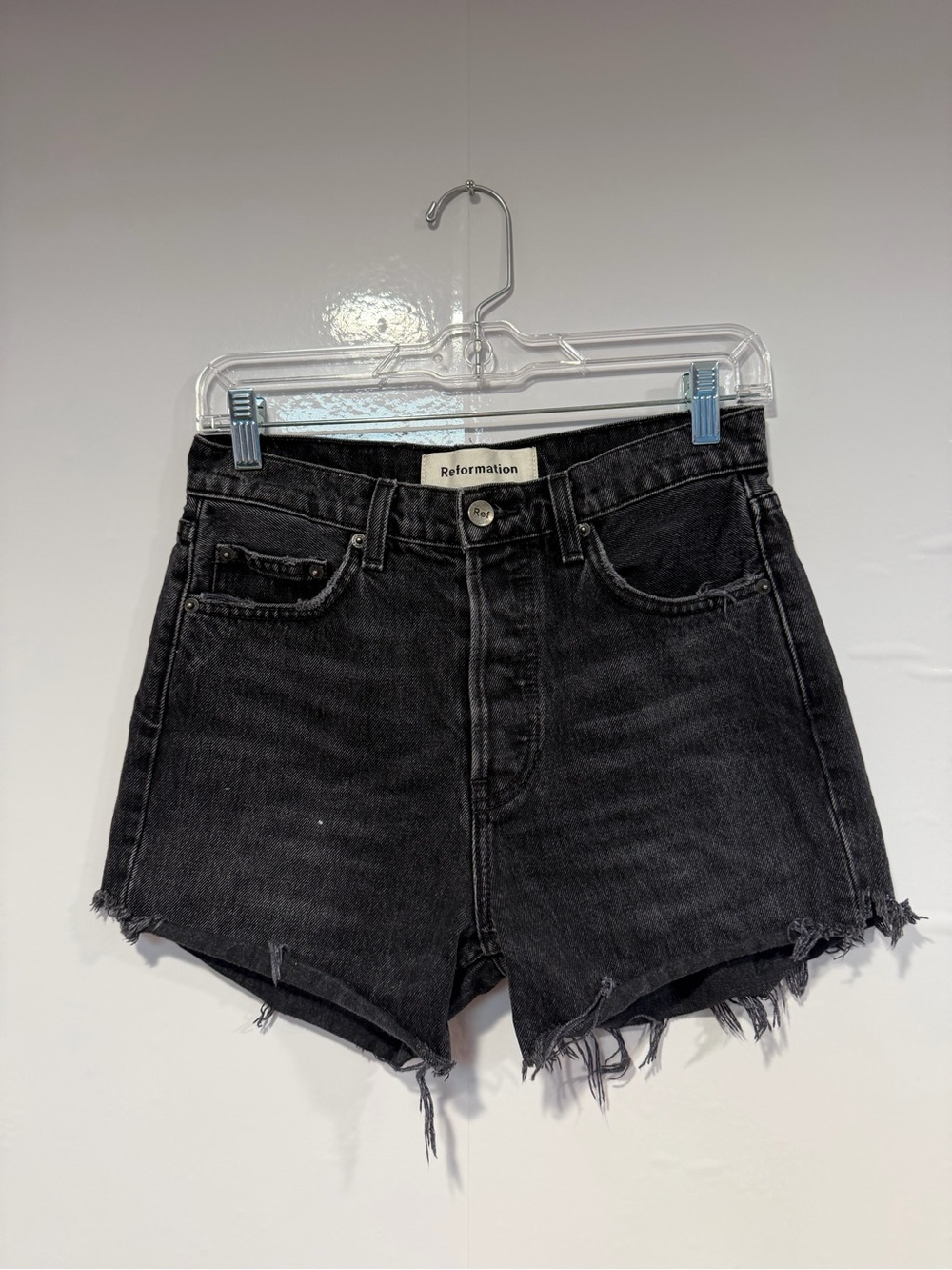 Reformation Black Distressed High-Rise Denim Shorts